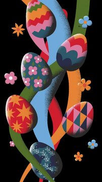 Seamless Easter Pattern with Leaves, Tulips and Abstract Shapes