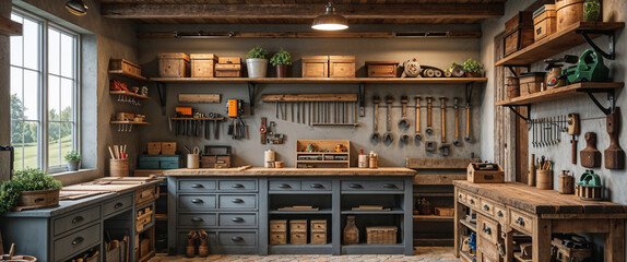 Cozy workshop interior with tools shelves workbenches and plants in rustic style