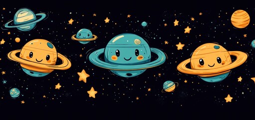 Obraz premium Adorable Cartoon Planets in Space: A whimsical cosmic adventure featuring cute planetary characters and twinkling stars.