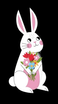 Adorable Cartoon Bunny Holding Spring Flower Bouquet on Black Background