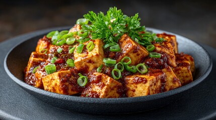 Fototapeta premium A bowl of mapo tofu in a bright red chili bean sauce on a dark stone dish under dramatic lighting with space for headline text