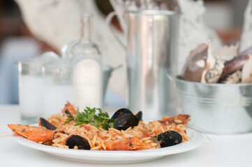 Greek Seafood Kritharoto with Prawns and Mussels - Traditional Mediterranean Dish, Seafood Risotto, Greek Cuisine