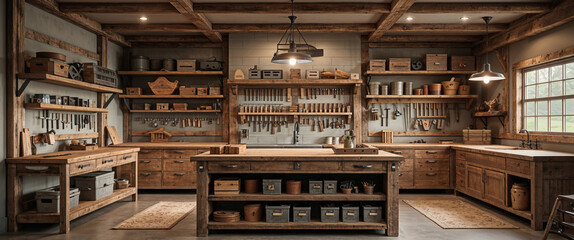Interior of a rustic workshop with wooden furniture tools and a warm ambient lighting