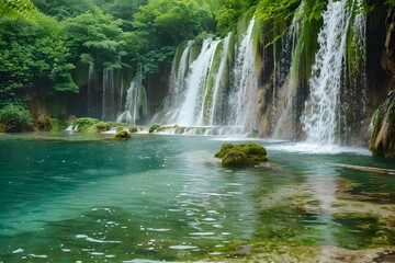 Obraz premium Waterfalls cascading into a pristine, turquoise pool, surrounded by lush green foliage and moss-covered rocks; a tranquil scene of natural beauty, showcasing the serenity of nature's artistry.