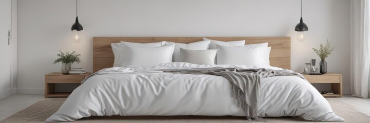 White linens, king bed, minimalist Scandinavian bedroom, spa-like, king bed