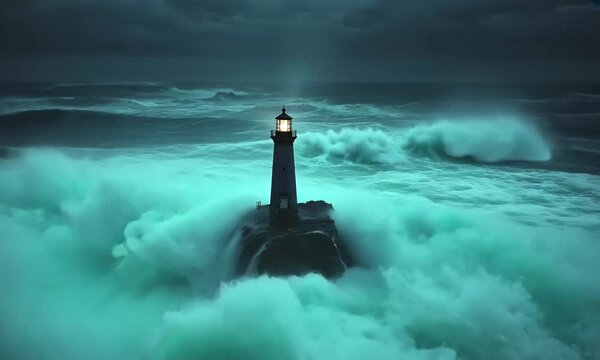 A lighthouse stands resilient amid turbulent, stormy ocean waves.