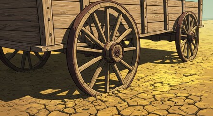 Obraz premium Weathered wooden wagon wheel sunk in dry earth, rustic charm illustration
