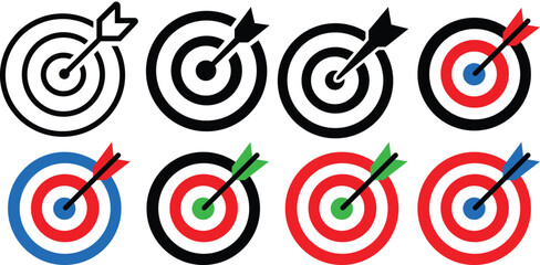 Target icons set with different colors. Dartboard with arrow. Marketing strategy sign. Goal achievement symbol collection. Target Icons in trendy flat style