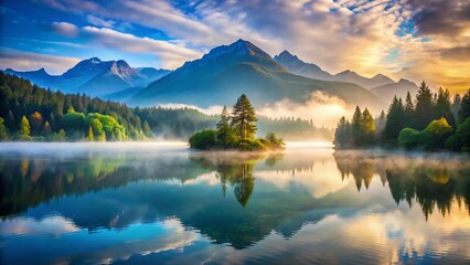 Misty Mountain Lake Landscape: Serene Foggy Sunrise over Still Waters