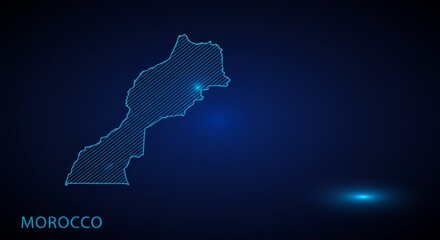 Obraz premium Futuristic glowing line art representation of the Morocco map in vibrant cyan blue