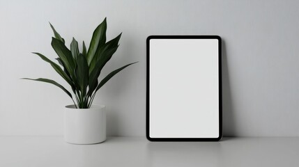 Blank white screen of a tablet minimalist plant technology.