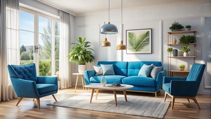 Modern Blue Living Room Interior Design: Stylish Sofa, Armchair & Decor