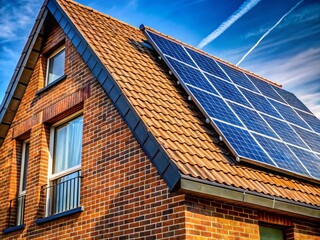 Fototapeta premium Modern Brick House with Solar Panels - Macro Photography of Architectural Detail