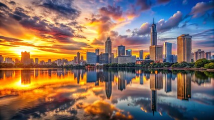 Fototapeta premium Modern City Skyline Sunset Reflection Lake - Vibrant Evening Cityscape