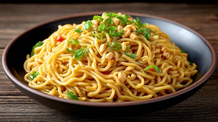 A serving of spicy Szechuan dan dan noodles with crushed peanuts on a dark plate under moody lighting with blank area for copy