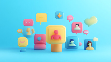 Fototapeta premium Teamwork and collaboration infographic icons with user avatars, chat bubbles, and hands in minimal 3D style with transparent background 