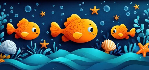 Fototapeta premium Underwater Family of Goldfish in Paper Art Style