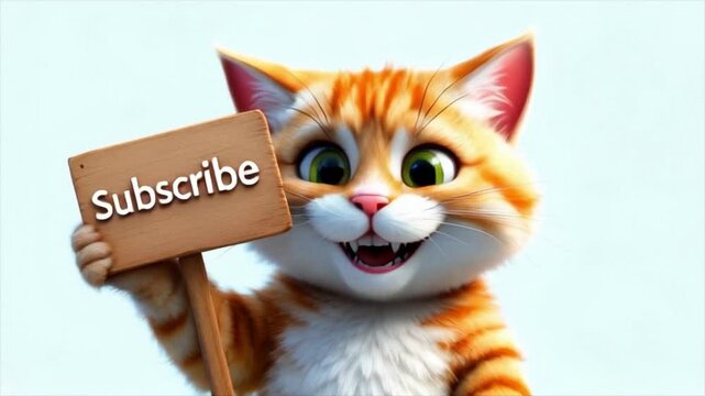 Excited ginger cat holding subscribe sign, HD footage.