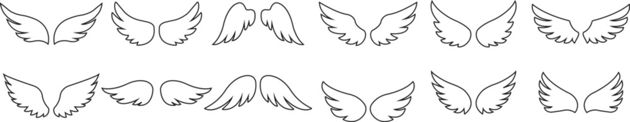 Obraz premium set of Wings with long feather. Angel or bird wing line. Aviation pilot patch badge. Heraldic vintage army insignia emblem falcon phoenix hawk. Flying winged frame. Biker logo stencil stamp.