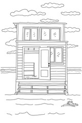 Black and white art line. Coloring page of beach house object for children