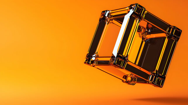 A translucent, amber-colored cube, seemingly floating, with an internal structural framework.  Its geometric shape contrasts with the simple, bold orange background