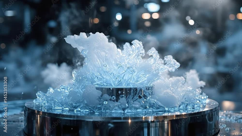 Poster A captivating scene featuring dynamic water splashes on a reflective metallic base, illuminated by soft blue lighting, creating a serene atmosphere. The composition highlights fluid movement and intri