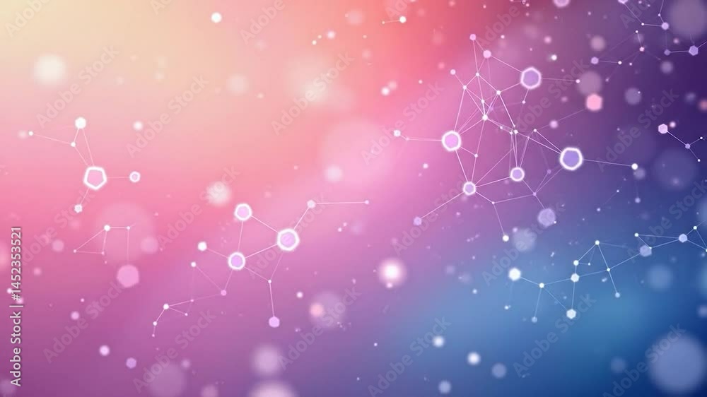 Poster A vibrant digital video featuring a dynamic gradient of pink and blue hues, interspersed with luminous spheres and interconnected networks. Soft bokeh effects enhance depth, evoking a dreamy, ethereal