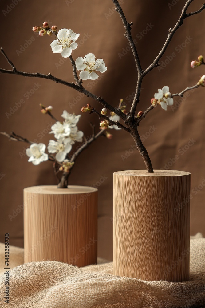 Poster two simple wood pedestals hold delicate branches adorned with white blossoms. the arrangement sits a