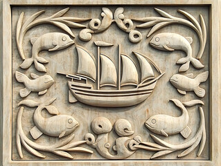 Stone Carving Ship  Fish Relief.