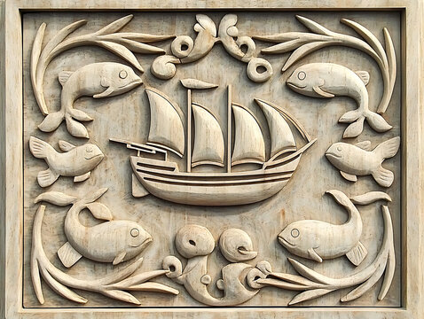 Stone Carving Ship  Fish Relief.