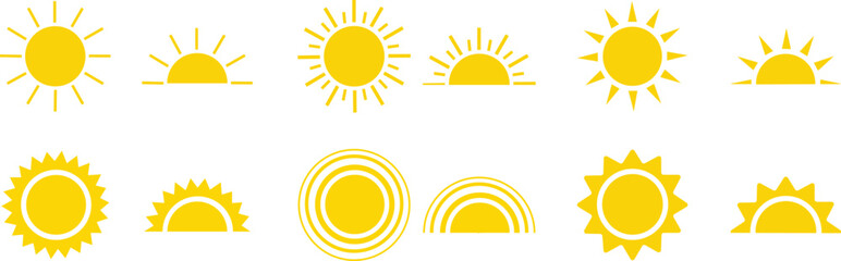 Yellow sun icons set, sunshine and solar glow, sunrise or sunset. Decorative circle full and half suns and sunlight collection. Hot solar energy for tan.