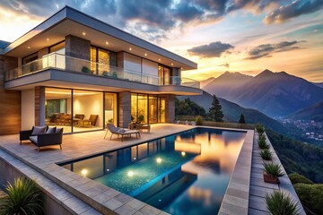 Fototapeta premium Modern Luxury Villa Dusk Mountain View Swimming Pool Architectural Photography