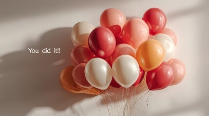 Celebration Balloons: A cluster of pastel-toned balloons in shades of peach, pink, and cream create a festive and celebratory mood. The words "You did it!" add a personal touch.