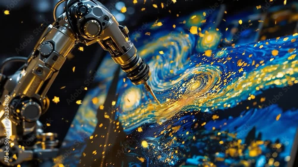 Poster a robotic arm intricately paints a swirling night sky with vibrant hues. warm golden lights contrast