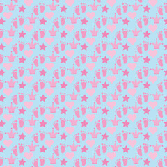 Baby Girl Pattern with Footprints, Hearts, and Crowns – Pink and sky blue  Seamless Background