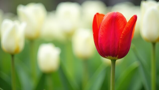 Single red tulip among white tulips, vibrant contrast , many, red, spring