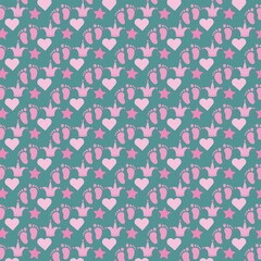 Baby Girl Pattern with Footprints, Hearts, and Crowns &ndash; Pink and Teal Seamless Background