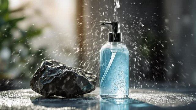 A sleek, transparent liquid soap bottle with a black pump stands next to a dark, rugged stone. Soft, natural light enhances the refreshing blue liquid, while water droplets create dynamic splashes aro