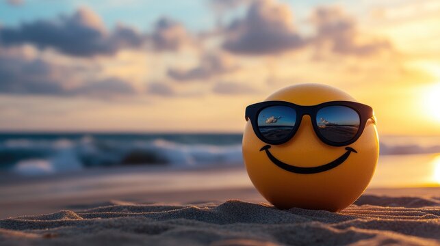 A cheerful yellow smiley face emoji ball wearing black sunglasses sitting on a sandy beach 