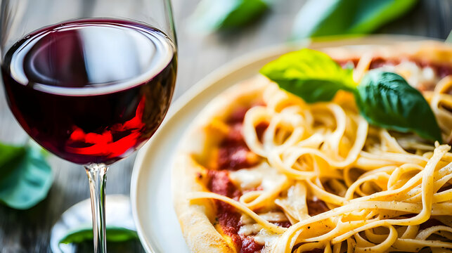 A glass of red wine sits beside a pizza topped with pasta