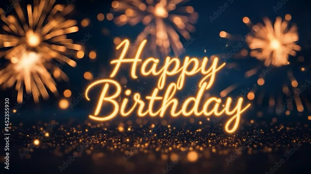 Poster A festive scene featuring glowing 'Happy Birthday' text in elegant script against a deep blue backdrop. Colorful fireworks burst in the background, creating a vibrant atmosphere. 