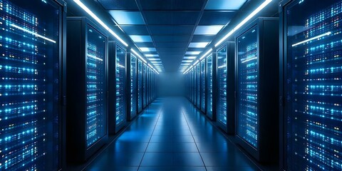 Fototapeta premium Server room with rows of computer towers, blue lights, grid floor, dark background, digital landscape, futuristic technology, data center, network infrastructure, 