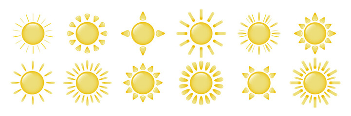 A collection of sun icons with different rays on a white background. Logos in the shape of the sun. Vector EPS 10.