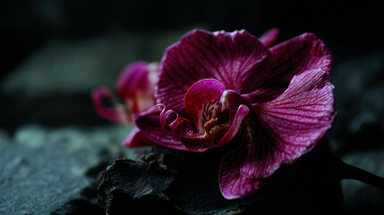 A magenta orchid with intricate details, displayed against a morose stone backdrop for a dramatic essence