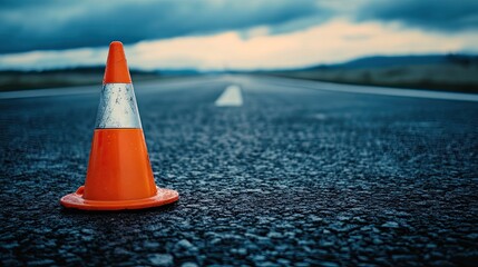 Traffic cone on textured road surface at sunset, minimal street detail and warning concept