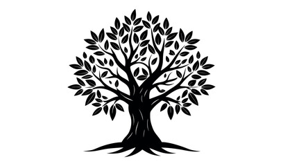 A black silhouette of a tree, a nature vector illustration with branches and leaves, evokes the art of seasons in a forest design