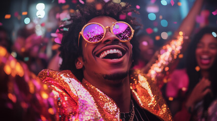 diverse group of young adults celebrating New Year’s Eve confetti flying and everyone smiling and cheering in a glowing