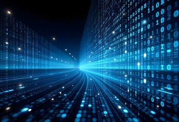 Obraz premium Blue digital binary code rain falling, abstract technology background, matrix style, data stream, cyberspace, information flow