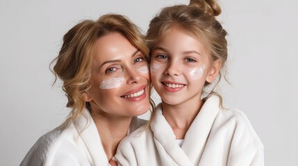 A joyful mother and her daughter share a special moment at home, both wearing soft robes and applying face masks. Their smiles reflect the fun they're having during this bonding experience