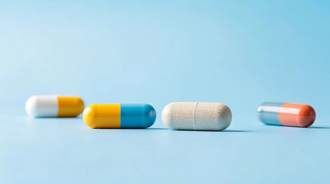 Colorful pill arrangement represents medicine, health, and diversity, conveying the importance of medication treatment and health care.